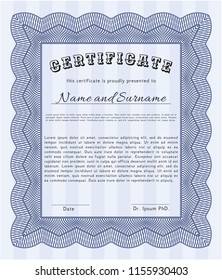 Blue Certificate of achievement template. Customizable, Easy to edit and change colors. With guilloche pattern. Artistry design. 