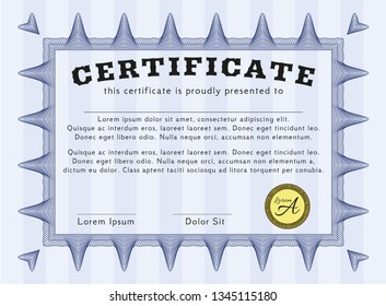 Blue Certificate of achievement template. Customizable, Easy to edit and change colors. Printer friendly. Nice design. 