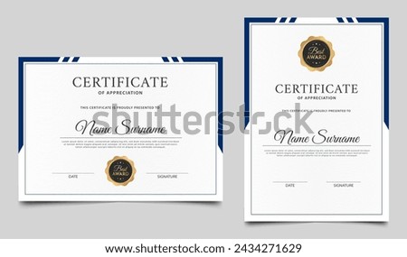 Blue certificate of achievement template design. Clean award certificate vector template 