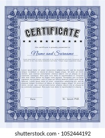 Blue Certificate of achievement template. Detailed. With great quality guilloche pattern. Money design. 