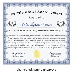 Blue Certificate of achievement template. Detailed. With guilloche pattern. Money Pattern design. 