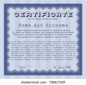 Blue Certificate of achievement template. Detailed. With background. Lovely design. 