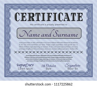 Blue Certificate of achievement template. Easy to print. Modern design. Detailed. 