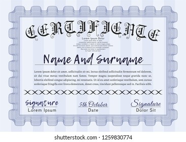 Blue Certificate of achievement template. Easy to print. Cordial design. Detailed. 
