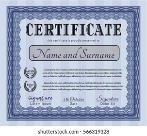 Blue Certificate of achievement template. Easy to print. Customizable, Easy to edit and change colors. Artistry design. 