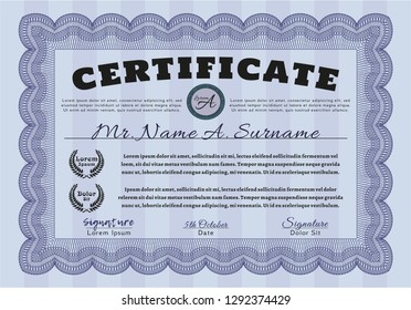 Blue Certificate of achievement template. Elegant design. Detailed. With complex background. 