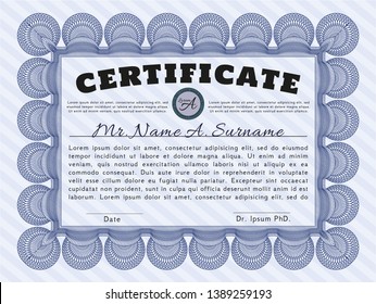 Blue Certificate of achievement template. Excellent design. With great quality guilloche pattern. Detailed. 