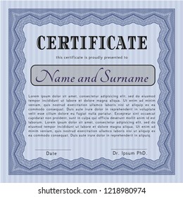 Blue Certificate of achievement template. Good design. Vector illustration. With great quality guilloche pattern. 