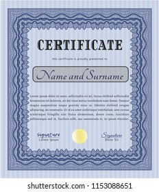 Blue Certificate of achievement template. With great quality guilloche pattern. Money Pattern. Customizable, Easy to edit and change colors. 