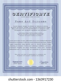 Blue Certificate of achievement template. With great quality guilloche pattern. Sophisticated design. Vector illustration. 