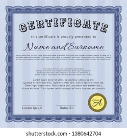 Blue Certificate of achievement template. With great quality guilloche pattern. Money Pattern design. Detailed. 
