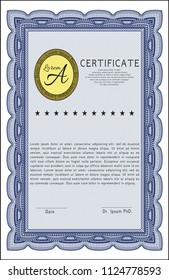 Blue Certificate of achievement template. With guilloche pattern. Money Pattern design. Detailed. 
