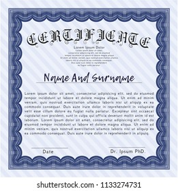 Blue Certificate of achievement template. With guilloche pattern and background. Customizable, Easy to edit and change colors. Beauty design. 