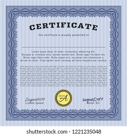 Blue Certificate of achievement template. With guilloche pattern and background. Nice design. Customizable, Easy to edit and change colors. 