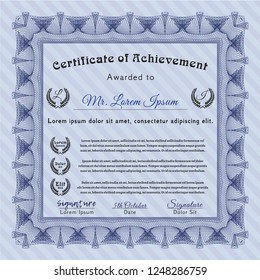 Blue Certificate of achievement template. With guilloche pattern. Sophisticated design. Customizable, Easy to edit and change colors. 