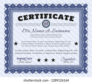 Blue Certificate of achievement template. With guilloche pattern. Money design. Vector illustration. 