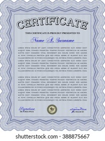 Blue Certificate of achievement template. With guilloche pattern. Money design. Design template. 
