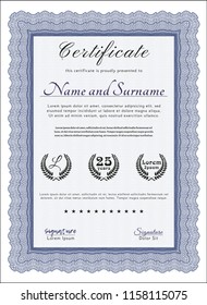 Blue Certificate of achievement template. With linear background. Modern design. Vector illustration. 