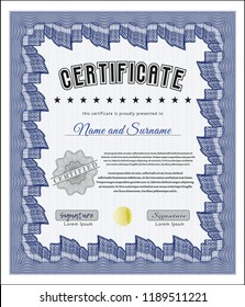Blue Certificate of achievement template. With linear background. Cordial design. Detailed. 