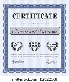 Blue Certificate of achievement template. With linear background. Vector illustration. Good design. 