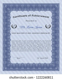 Blue Certificate of achievement template. With linear background. Money Pattern. Vector illustration. 