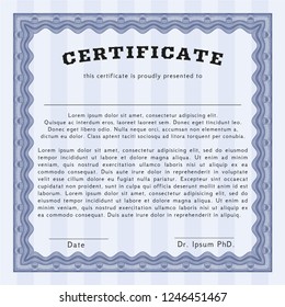 Blue Certificate of achievement template. With linear background. Money Pattern. Vector illustration. 