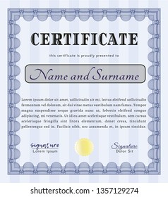 Blue Certificate of achievement template. Lovely design. Printer friendly. Vector illustration. 