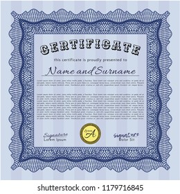 Blue Certificate of achievement template. Money Pattern. Detailed. With guilloche pattern. 