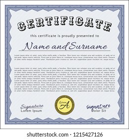 Blue Certificate of achievement template. Money style design. Detailed. With background. 