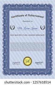 Blue Certificate of achievement template. Money Pattern. Easy to print. Customizable, Easy to edit and change colors. 