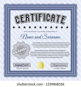 Blue Certificate of achievement template. Money design. With great quality guilloche pattern. Customizable, Easy to edit and change colors. 