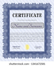 Blue Certificate of achievement template. Money design. With complex background. Detailed. 