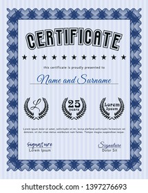 Blue Certificate of achievement template. Money Pattern. With complex linear background. Detailed. 