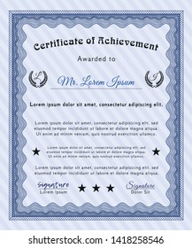 Blue Certificate of achievement template. Money Pattern. Detailed. Easy to print. 