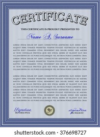 Blue Certificate of achievement template. Money design. With guilloche pattern and background. Diploma of completion. 