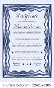 Blue Certificate of achievement template. Nice design. Detailed. With background. 