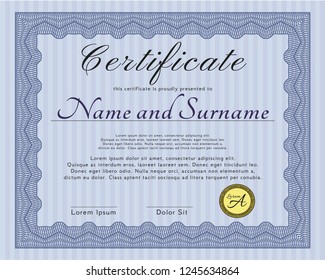 Blue Certificate of achievement template. Perfect design. Vector illustration. With linear background. 