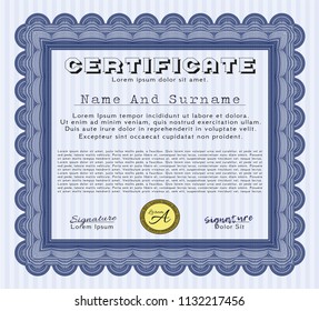 Blue Certificate of achievement template. Printer friendly. Detailed. Retro design. 