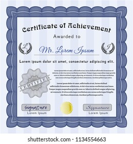 Blue Certificate of achievement template. Printer friendly. Money design. Customizable, Easy to edit and change colors. 