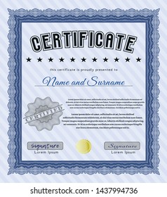 Blue Certificate of achievement template. Printer friendly. Vector illustration. Perfect design. 
