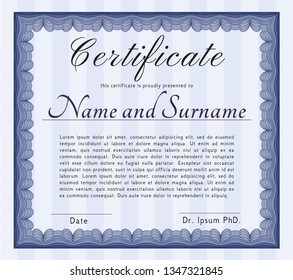 Blue Certificate of achievement template. With quality background. Detailed. Money style design. 