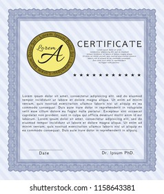 Blue Certificate of achievement template. Retro design. Customizable, Easy to edit and change colors. With guilloche pattern and background. 