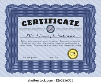 Blue Certificate of achievement template. Retro design. With complex background. Detailed. 