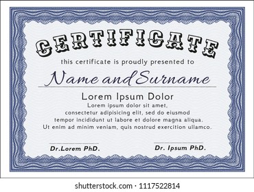 Blue Certificate of achievement template. Vector illustration. With quality background. Cordial design. 