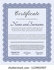 Blue Certificate of achievement template. Vector illustration. With guilloche pattern and background. Cordial design. 