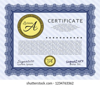 Blue Certificate of achievement template. Vector illustration. With guilloche pattern and background. Good design. 