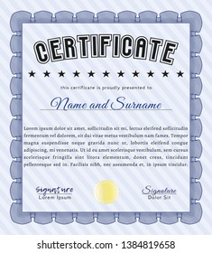 Blue Certificate of achievement template. Vector illustration. With linear background. Excellent design. 