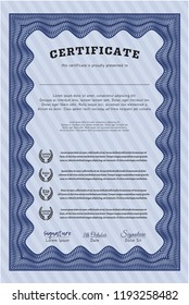 Blue Certificate of achievement. Vector illustration. With complex linear background. Beauty design. 