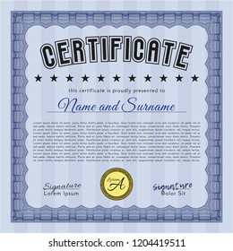 Blue Certificate of achievement. Vector illustration. With guilloche pattern. Money Pattern design. 