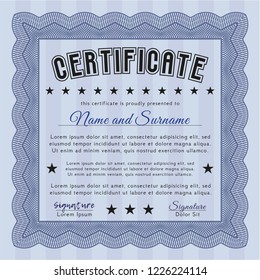 Blue Certificate of achievement. Vector illustration. With guilloche pattern. Money style design. 